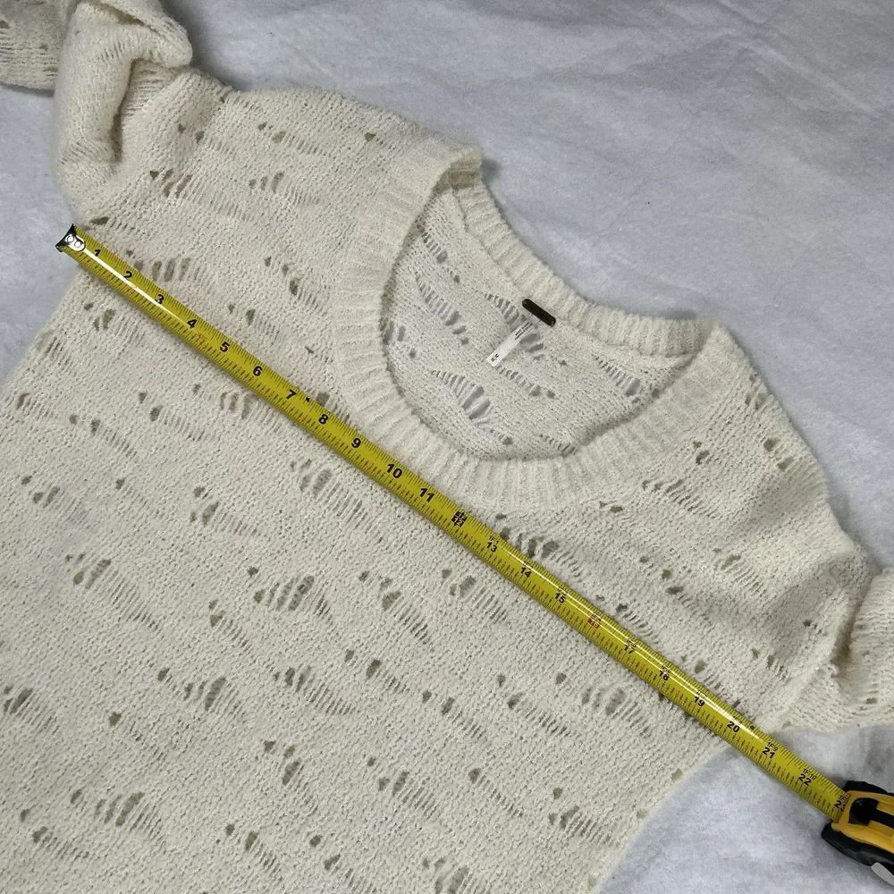 Free People Sweater Dress Tunic Womens Sz M Ivory Distressed Open Knit Bohemian - Picture 15 of 16
